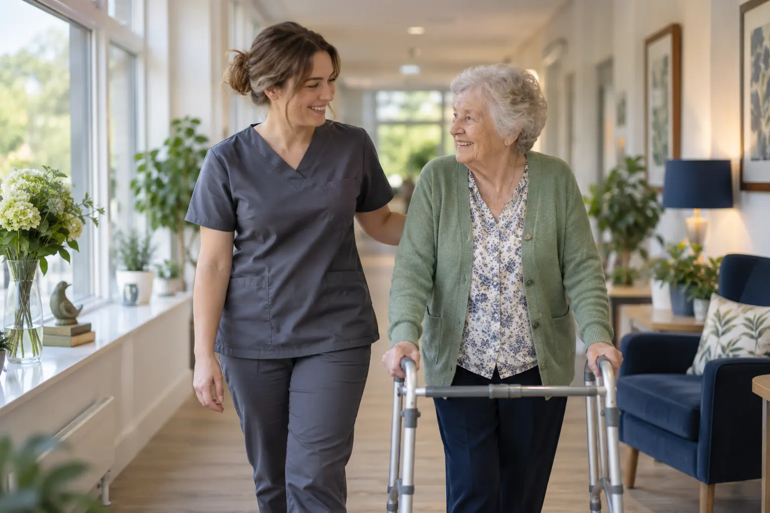 A care worker in charcoal scrubs walking with an older resident in a bright care home corridor