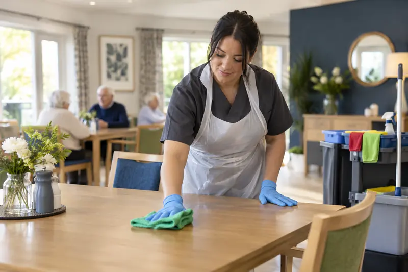 A domestic assistant wearing gloves and an apron cleaning a dining table in a care home