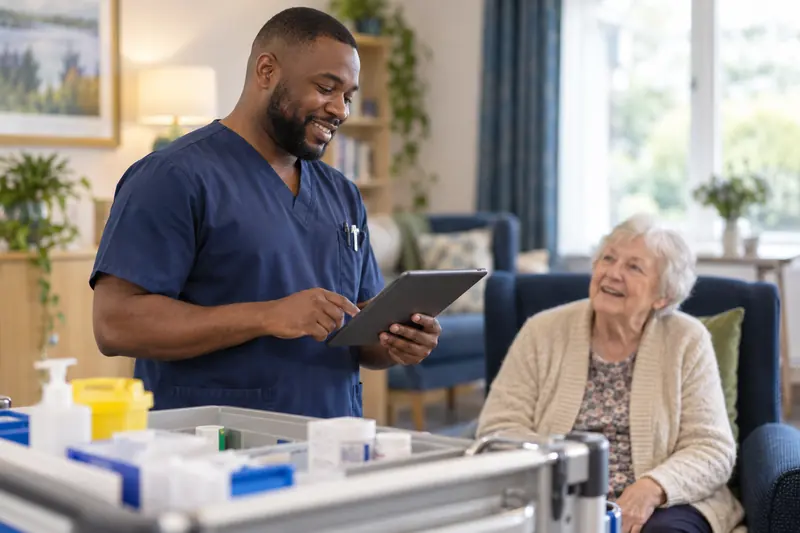 A registered nurse checking a tablet beside a medication trolley