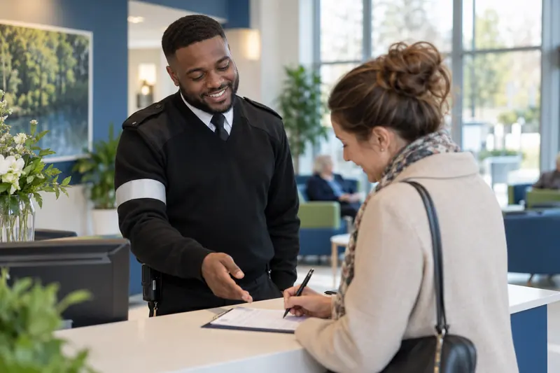 A security officer helping a visitor sign in at a reception desk