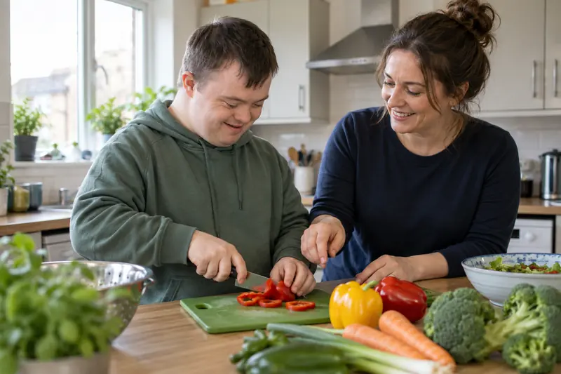 A support worker helping a young man prepare vegetables in a supported-living kitchen